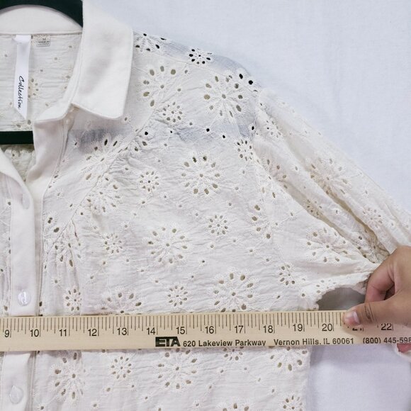 NY Collection Cream Lace Floral Collar Button Down Preppy Top Size M - Picture 6 of 13